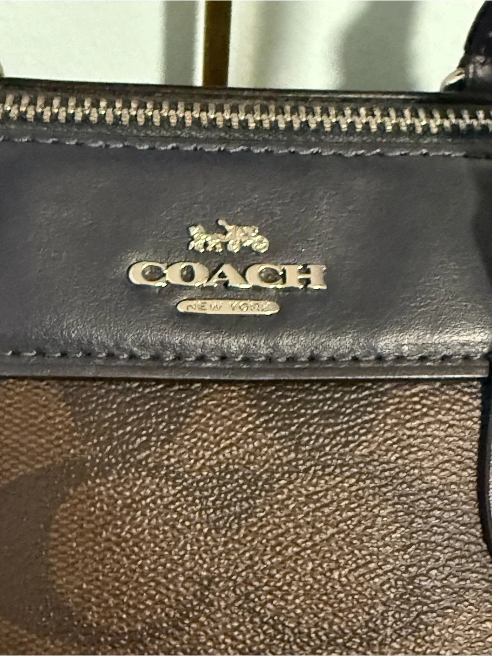 COACH Signature Canvas Satchel in two shades of brown and Navy Leather Trim! 🤩
